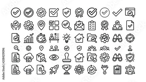 Collection of various business and technology related icons with checkmarks and symbols for concepts like approval and verification  business icons