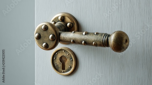 Heavy duty brass door handle with decorative rivets and vintage keyhole isolated on white background, antique style metal door hardware for classic home, architectural restoration, interior design, en