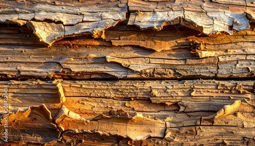 Detailed Close-up Texture of Weathered Tree Bark Showing Natural Patterns and Layered Wooden Surface Details in Golden Sunlight