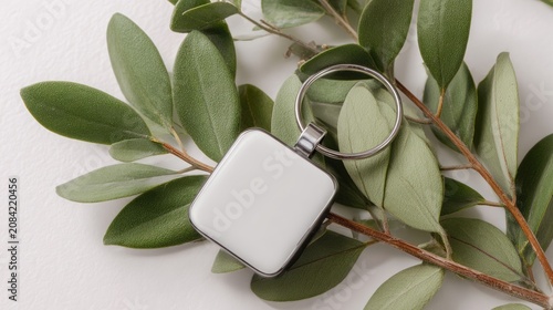 Blank white keychain mockup among olive leaves for sublimation design display, minimal key ring product branding template, elegant natural flat lay with copy space for custom logo and promotional iden