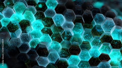 Honeycomb structure displays glowing blue neon hexagonal tiles to represent high-tech data storage or advanced nanotechnology concepts within a futuristic digital network architecture for modern.