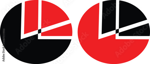 Minimalist abstract vector graphic illustration featuring two circular geometric logos with bold red and black color schemes and intersecting white lines displayed on transparent background