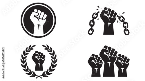 Raised fist protest icons set, black and white revolution power symbols, clenched fist breaking chains for freedom and human rights activism