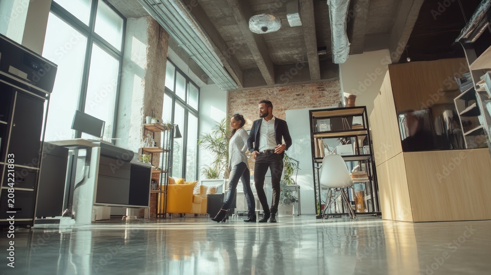 Obraz premium Confident Businesspeople Strolling in a Modern Loft Office