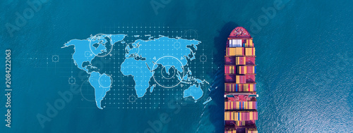 Aerial view container cargo ship with world map network, Container cargo ship in import export logistic freight shipping, Business logistics transportation international by container cargo ship.