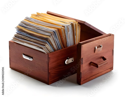 Wooden archive box filled with paper folders and documents on a white background.