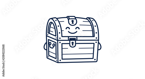 A simple line art illustration of a cute wooden treasure chest with a happy smiling face