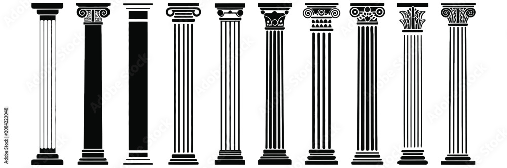 Naklejka premium Ancient pillar icons, classic roman and greek architecture columns, elegant line and silhouette vector design isolated on white background for heritage and construction projects.