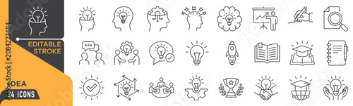 Idea Editable Stroke Line Icons Set – Creative Thinking, Innovation, Brainstorming, Research, Learning, Collaboration, Presentation and Business Outline Vector Collection
