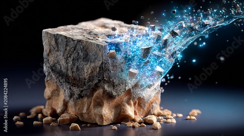 Stone block is partially dissolving into a luminous flow of liquid matter with scattered debris and glowing sparkles.