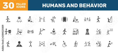 Foto humans and behavior icon set with playing with a ball, first prize, woman sweeping, begging signs in filled style