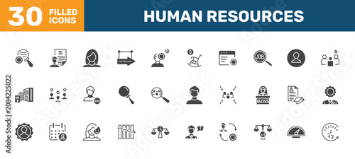 Cuadro en lienzo human resources icon set with due diligence, cv, women, 12 hours signs in filled style