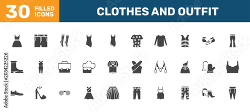 Canvas Print clothes and outfit icon set with drees, denim shorts, women socks, pegged pants signs in filled style