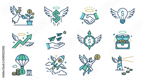 Schilderij op canvas Collection of Business and Finance Icons with Angelic Wings and Halos