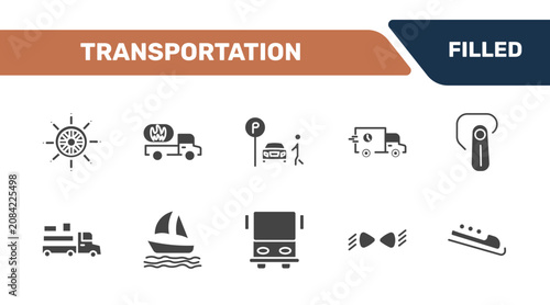 Photos transportation icon set with ship wheel, gas truck, parking men, bobsleigh signs in filled style