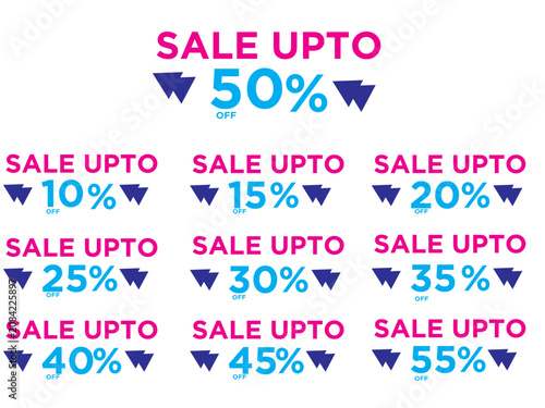 Minimalist sale up to promotional badge set with downward arrows and percentage discounts from 10% to 55% off