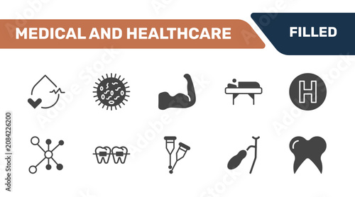 Tableau sur toile medical and healthcare icon set with blood pressure, germs, strong, molar tooth signs in filled style