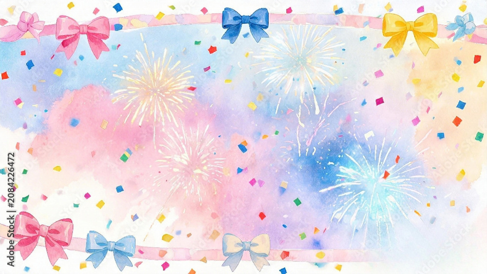 Fototapeta premium Watercolor Fireworks, Confetti, and Balloons in Bright Joyful Hues