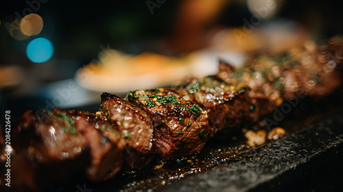 A brazilian traditional barbecue grilled rump cap on the stick, picanha steak churrasco style.