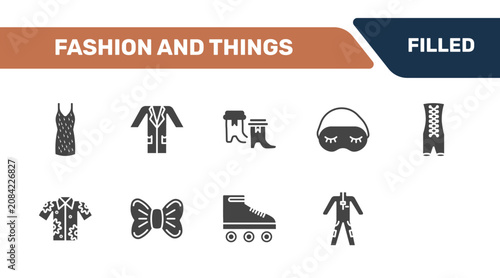 Картината върху платно fashion and things icon set with tinge, lab coat, boot for women, working coverall signs in filled style