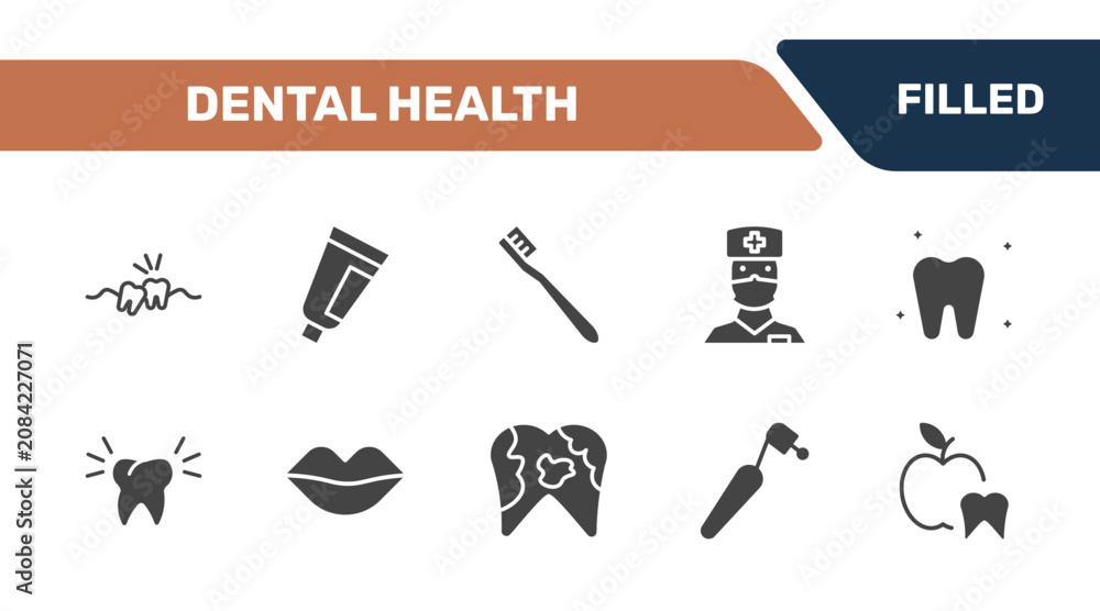 Naklejka premium dental health icon set with wisdom tooth, toothpaste tube, toothbrushes, dentist signs in filled style. solid icons for ui, web and printing