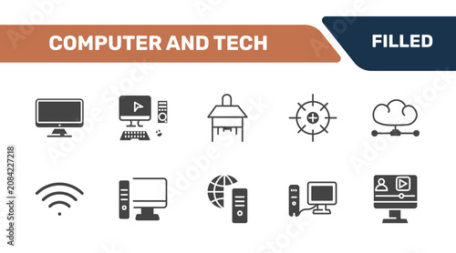 computer and tech icon set with tv screen, full computer, school desk, video lecture signs in filled style. solid icons for ui, web and printing