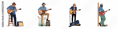 Bild auf Leinwand Collection of four illustrated male musicians playing various types of guitars including acoustic, electric, and resonator in folk and blues styles