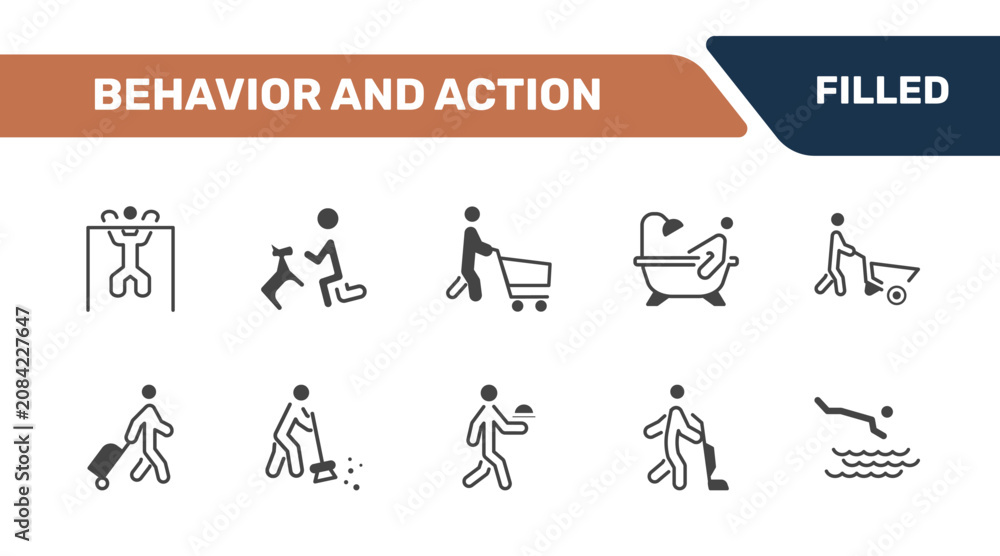 Fototapeta premium behavior and action icon set with man lifting bar, man and dog, man shopping, headfirst to water signs in filled style. solid icons for ui, web and printing