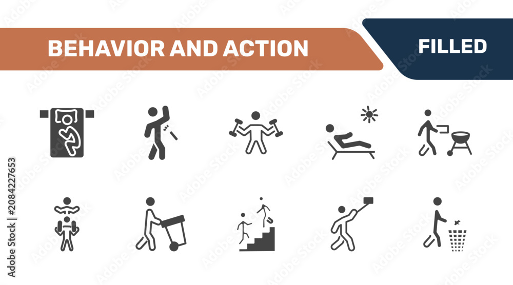 Fototapeta premium behavior and action icon set with man sleeping, man spraying deodorant, man fitness, throwing trash signs in filled style. solid icons for ui, web and printing