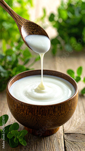 A wooden bowl filled with creamy yogurt, a delicate drip hanging from the spoon.