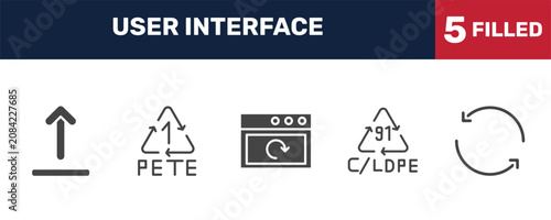 user interface icon set with upload button, 1 pete, 91 c/ldpe, circular arrow signs in filled style. solid icons for ui, web and printing