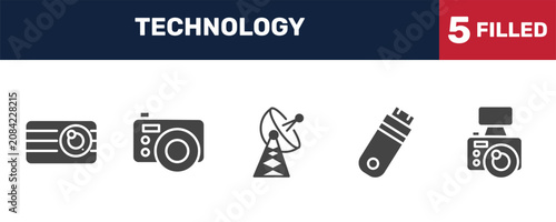 Foto technology icon set with retro squared camera, retro squared camera, inclined pendrive, vintage digital camera signs in filled style