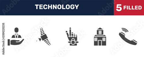 Foto technology icon set with client, satellite in orbit, domestic, telephone receiver signs in filled style