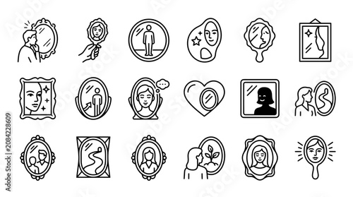 Bild auf Leinwand Self-reflection and identity icons: people looking in mirrors, self-discovery, i