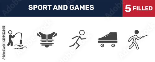 Konstfotografi sport and games icon set with fisher fishing, chest guard, roller skate, medieval fencing signs in filled style