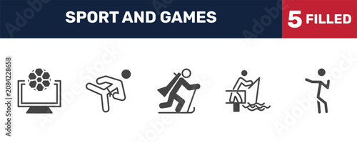 Tableau sur toile sport and games icon set with football channel, karate fighter, fisher fishing, dancing motion signs in filled style