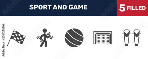 Fotografie sport and game icon set with chequered flag, excercise, hockey goal, shin guards signs in filled style