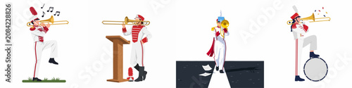 Bild auf Leinwand Collection of Marching Band Trombone Players in Red and White Uniforms Performin