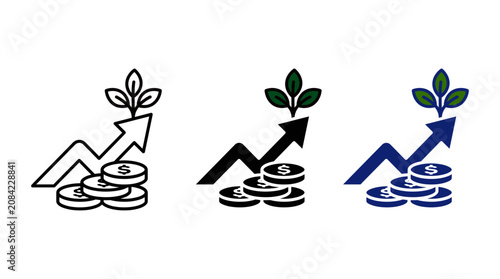 Financial growth icon set with upward arrow, coin stack, and growing plant