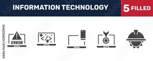 Cuadro en lienzo information technology icon set with program error, clean code, seo tools, engineering signs in filled style