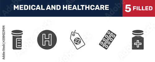 Photos medical and healthcare icon set with pills jar, heliport, tablets, cure signs in filled style