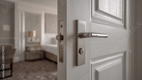 Slightly open white hotel room door with electronic magnetic lock, wireless key card reader, chrome door handle, modern hospitality security, contemporary interior entrance, smart access control syste