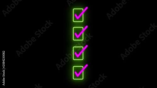 Neon checklist animation with glowing pink checkmarks on green boxes for task completion and success,4k video.