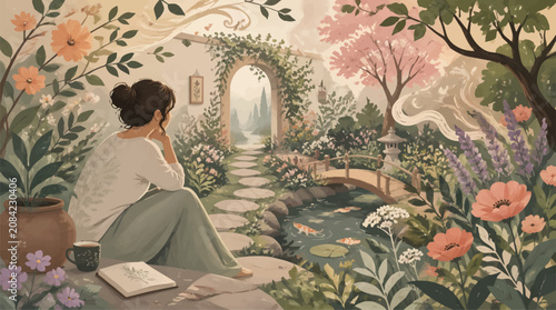 Schilderij op canvas Woman Meditating in Tranquil Japanese Garden Oasis, Contemplative Serenity and N