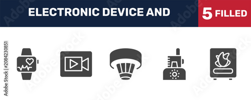 Fotografie electronic device and icon set with activity tracker, video recorder, food processor, furnace signs in filled style