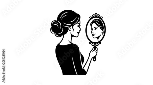 Cuadro en lienzo Woman looking in vintage mirror, self reflection, beauty, elegant style