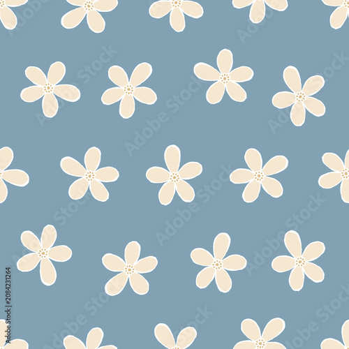 Flower seamless minimalist floral pattern on soft blue background.