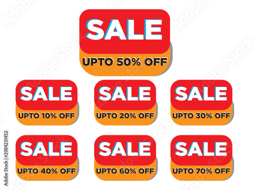 Rounded two-tone promotional sale badge collection set with drop shadow and percentage discounts from 10% to 70% off