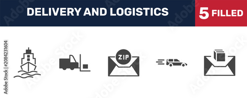 Obraz na płótnie delivery and logistics icon set with ship by sea, forklift, delivery by car, air mail signs in filled style