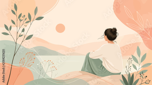 Photos Peaceful Woman Contemplating Serene Landscape at Sunset, Calm Nature Scene, Well